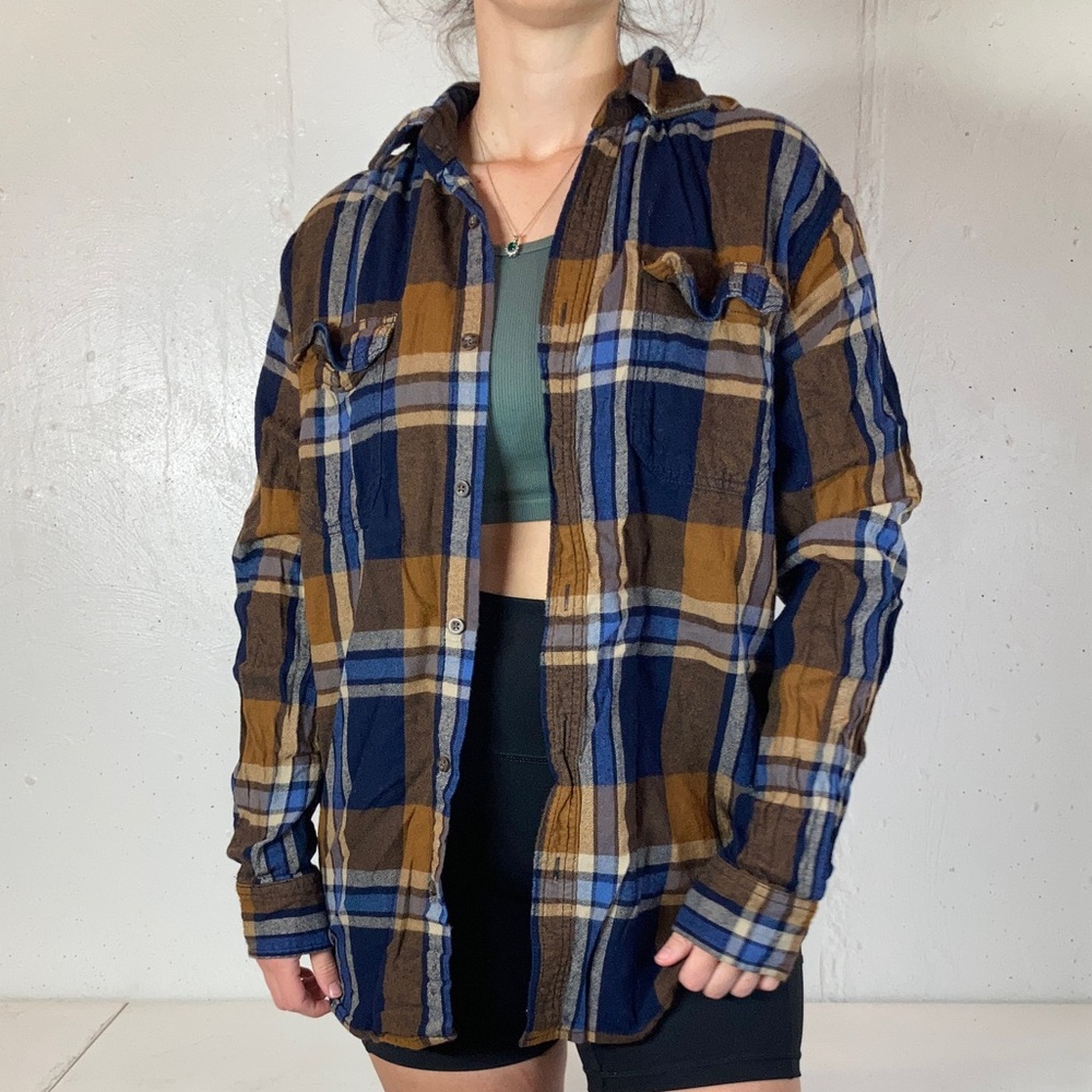Navy + Brown Plaid Flannel Button Down Long Sleeve Shirt